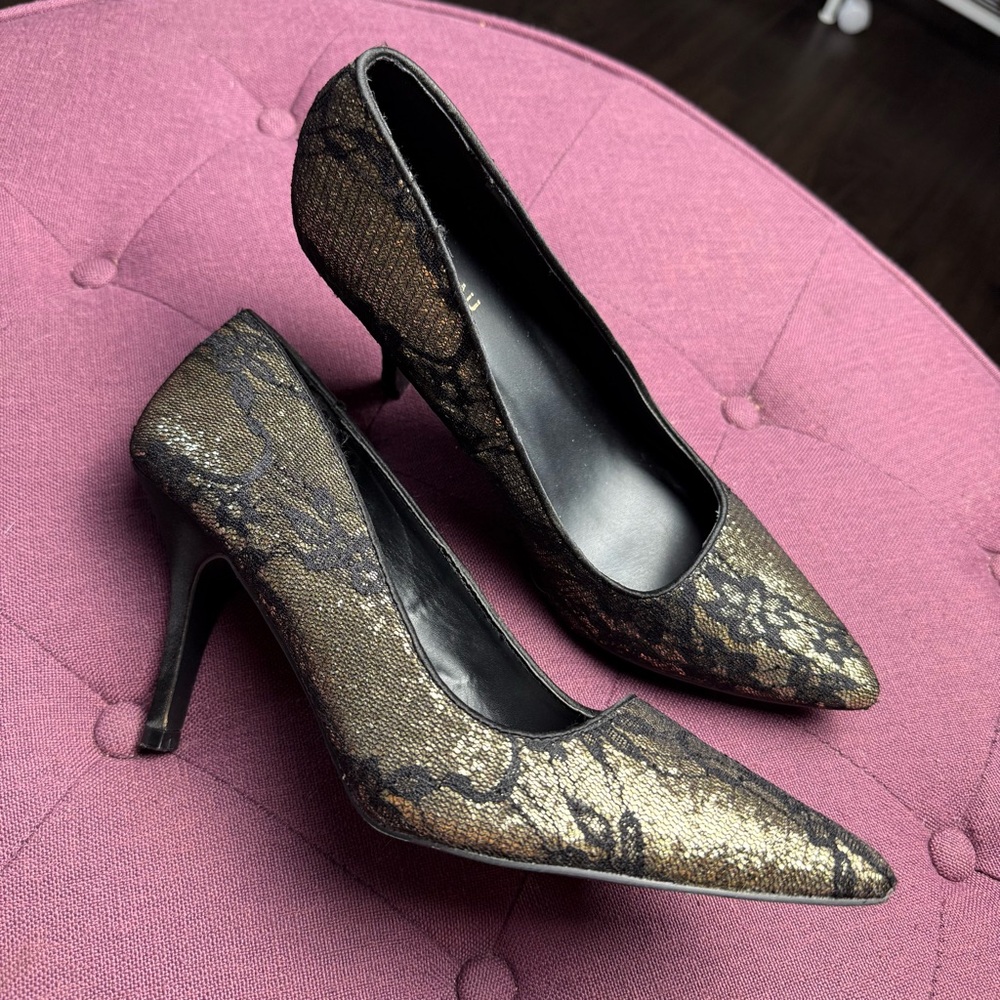 Vintage Le Château Lace Metallic Black and Gold Heels Y2K Vintage Size‎ 8 - Picture 7 of 8